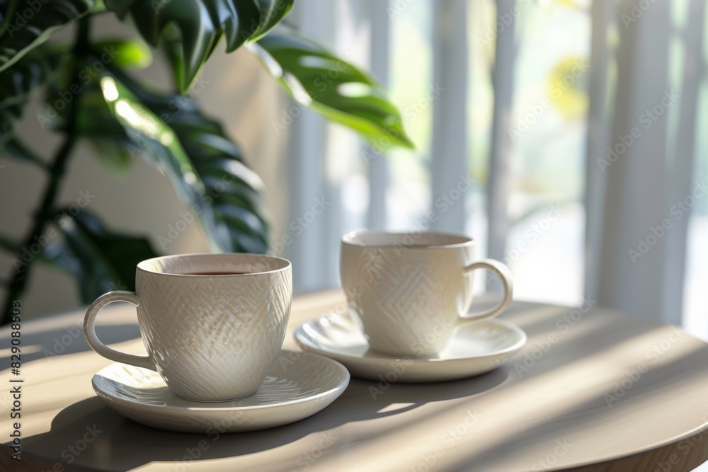 Poster two cups and saucers with coffee on a table. generative ai