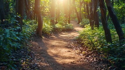 Scenic hiking trail winding through a dense forest, sunlight filtering through the trees, and a serene, natural atmosphere