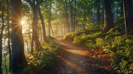 Obraz premium Scenic hiking trail winding through a dense forest, sunlight filtering through the trees, and a serene, natural atmosphere