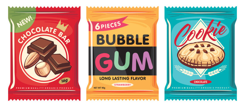 Creative idea for candy packages design. Chocolate bar, bubble gum and cookie graphics. Sweet food vector packages illustration.