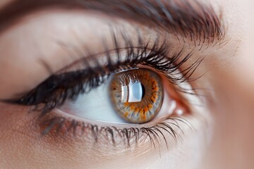 Fototapeta premium Close-up portrait of a lady's eye displaying brown eyelashes