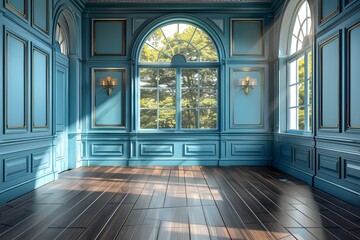 Fototapeta premium Room with blue walls and wooden floor