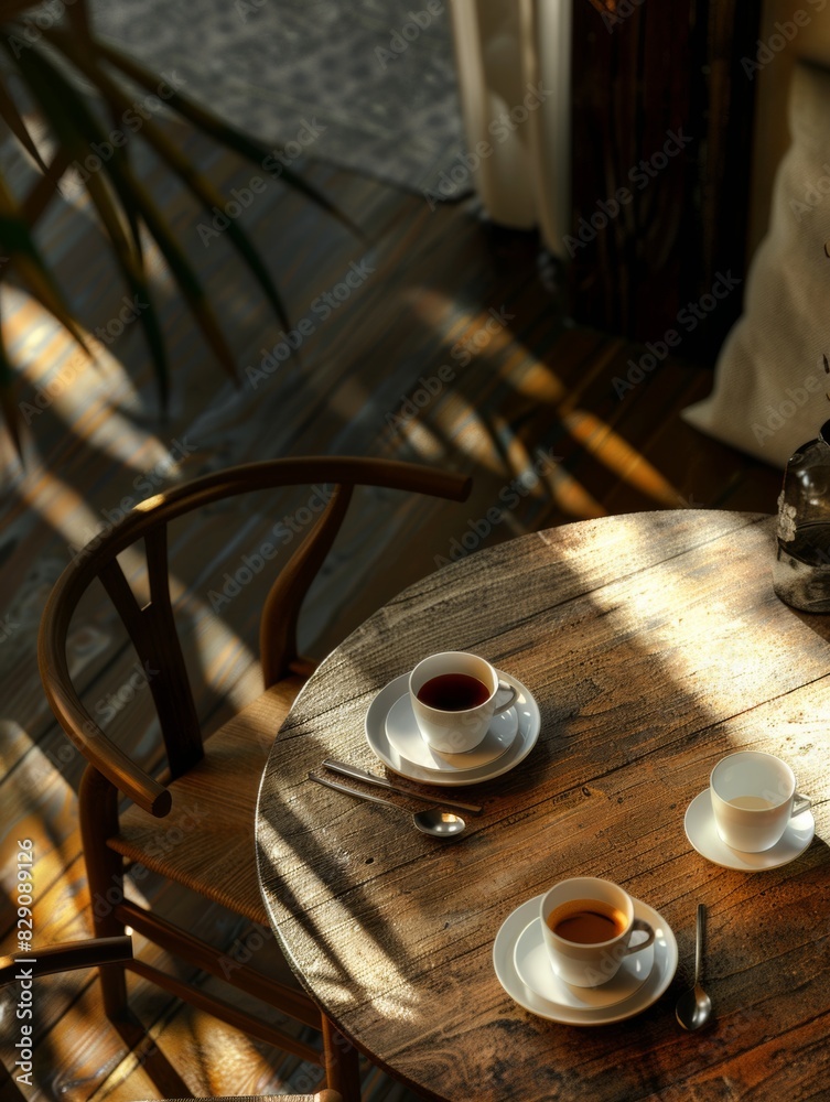 Poster a table with two cups of coffee, showcasing a cozy setting for a coffee break or meeting. generative