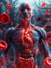 Illustration of a human figure showing muscles and blood vessels surrounded by red blood cells, created by artificial intelligence