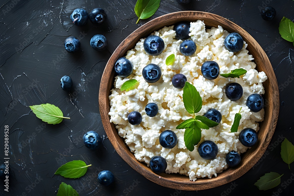 Wall mural Bowl with cottage cheese, blueberries, mint leaves - Wall murals