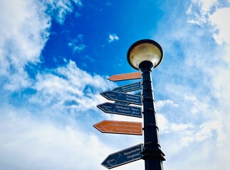 Low angle view of multiple destination and distance signs on a street light, Bosnia and Herzegovina