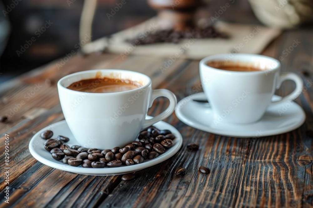 Aufkleber two cups of coffee resting on a wooden table surface. generative ai
