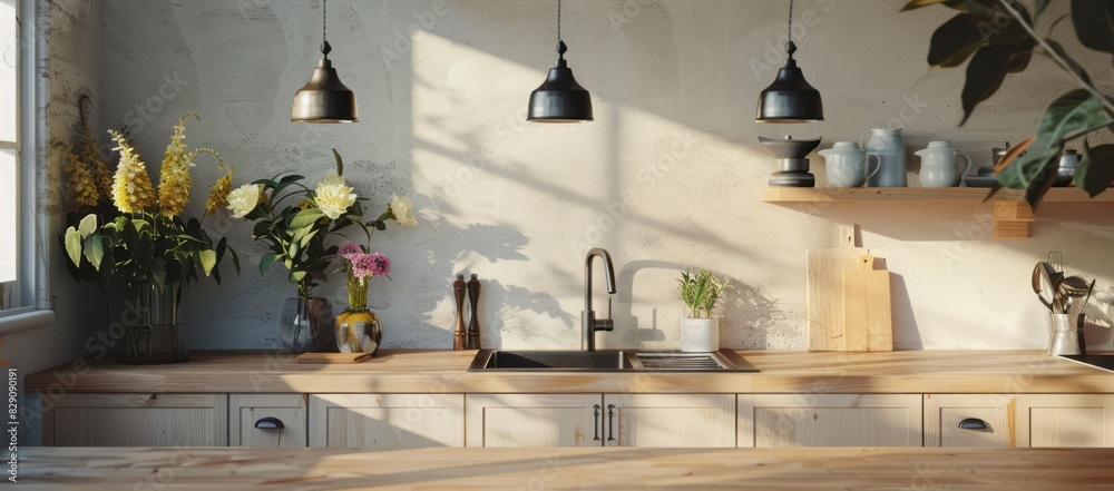 Wall mural modern nordic kitchen interior featuring light wood countertops, a farmhouse sink, and minimalist pe - Wall murals