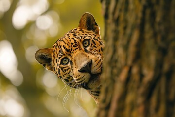 Majestic leopard hiding behind a tree trunk, amidst blurred foliage, intense gaze, vibrant autumn...