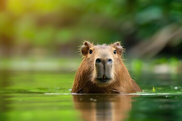Capybara emerging from water with greenery in the background, looking curious, close-up image of capybara.