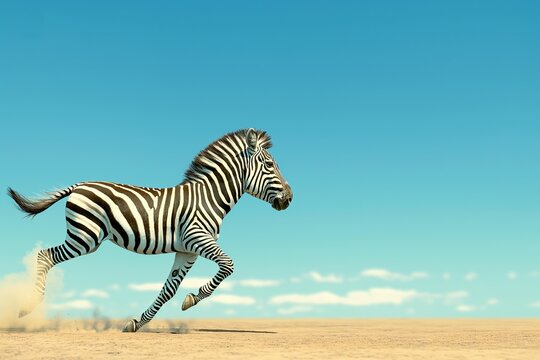 Beautiful zebra running in the African savanna with a clear blue sky background.
