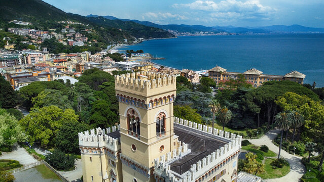 Aerial townscape with Villa Negrotto Cambiaso and Parco Comunale, Arenzano, Liguria, Italy