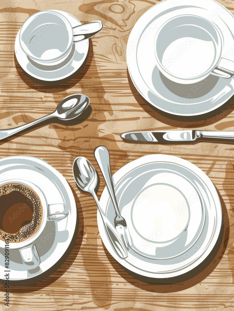 Poster a wooden table topped with plates and cups of coffee ready to be enjoyed. generative ai