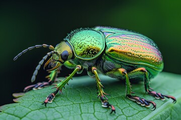 Fototapeta premium a shiny beetle is standing on a leaf near a water