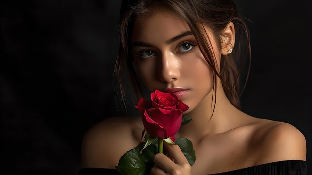 Woman holding a red rose against black background. Elegant and mysterious portrait. Perfect for romantic or fashion themes. Ideal stock photo. AI