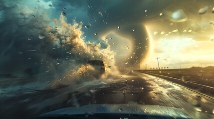 Dramatic storm over a highway with massive tornado. Dark clouds and chaos. AI-generated image of intense weather. High-quality for disaster-related themes. AI