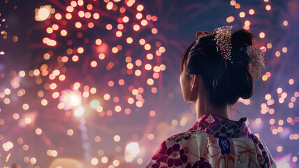 花火を楽しむ浴衣の女性