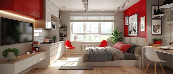 Modern small studio interior with Red & white details.