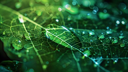 Detailed view of a rain drop resting on a bright green leaf, with hints of technological elements merging with the natural texture