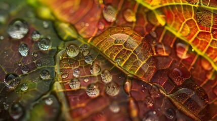 Macro close-up of a rain drop on a tree leaf, showcasing the intricate patterns of nature and technology intertwined