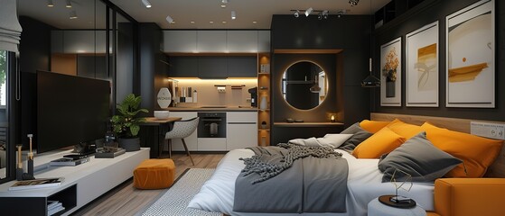 Modern small studio interior with black & white details.