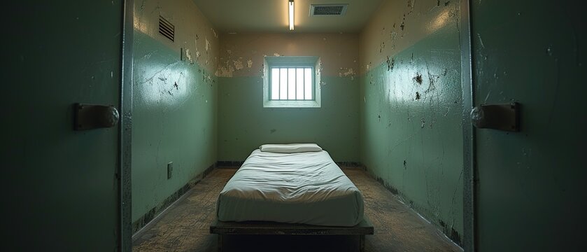 A prison cell in the USA. Interior of solitary confinement cell with metal bed, desk and toilet in old prison. - Powered by Adobe