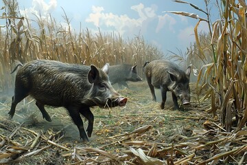 Wild boars camouflaged in the reeds