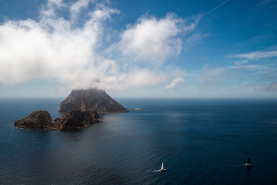 Two Sailboats sailing past Es Vedra, Sant Josep de Sa Talaia, Ibiza, Balearic Islands, Spain
