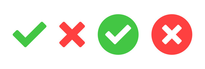 check mark icon button set. check box icon with right and wrong buttons and yes or no checkmark icons in green tick box and red cross. vector illustration