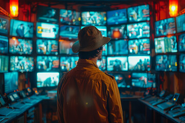 Obraz premium A security guard monitoring cameras in a control room. Concept of safety and vigilance. Generative Ai.