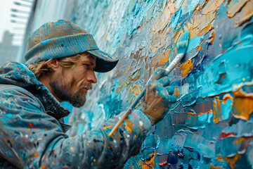 An artist painting a mural on a city wall. Concept of expression and creativity. Generative Ai.