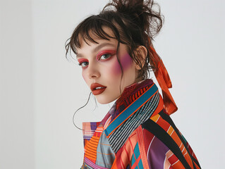 Fashion-forward woman showcasing bold, colorful makeup and a vibrant, geometric-patterned outfit, perfect for editorial, beauty, and high-fashion advertising projects.