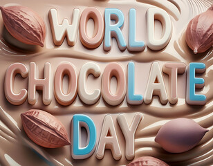 A poster for world chocolate day with chocolates in the background