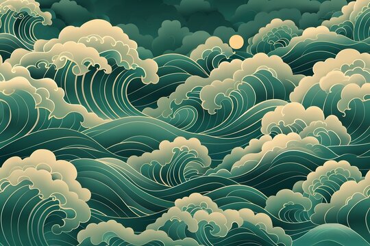 Detailed painting waves clouds