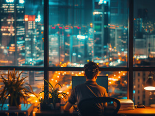 Obraz premium Man working late in modern office with stunning cityscape view, illuminated by vibrant urban lights, creating a perfect ambiance for productivity and creativity during nighttime.