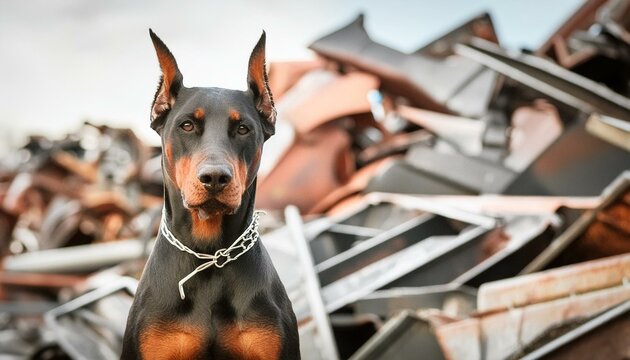 aggressive guard dog doberman on a scrap yard