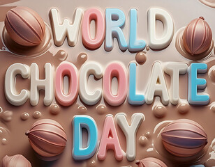 A poster for world chocolate day with chocolates in the background