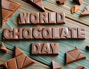 A poster for world chocolate day with chocolates in the background
