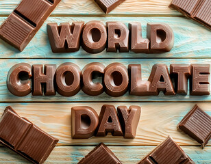 A poster for world chocolate day with chocolates in the background