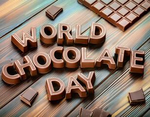 A poster for world chocolate day with chocolates in the background