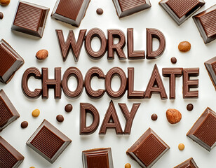 A poster for world chocolate day with chocolates in the background
