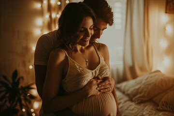 Couple Embracing in Warm, Cozy Bedroom with String Lights