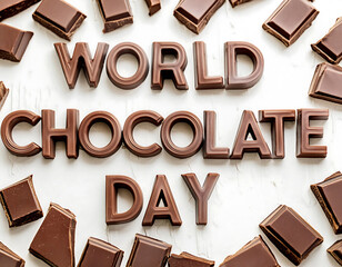 A poster for world chocolate day with chocolates in the background