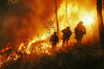 Fototapeta premium Firefighters battling a large wildfire in a forest, surrounded by flames