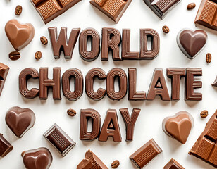 A poster for world chocolate day with chocolates in the background