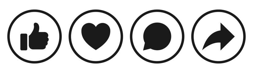 Like, comment, share icon button set. Social media notification icons : Thumbs up and love heart flat icon , social network user interface flat icons, post reactions. Vector illustration