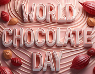 A poster for world chocolate day with chocolates in the background