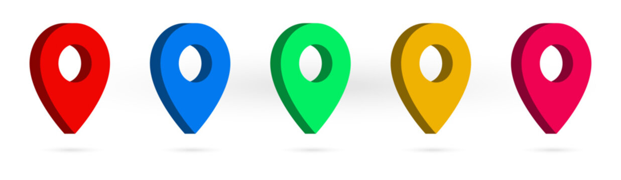 3d location map pointer icon, place pin marker sign - isometric red gps map pointers in red frame, destination symbols in 3d. red location icon