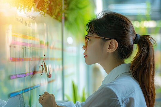 A business women reviewing project on big monitor screen