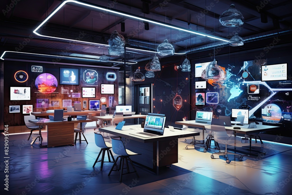 Poster Digital workspace with glowing data showing on wall like holographic room